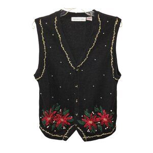 Vintage Victoria Jones Medium Black Poinsettia Christmas Holiday Sweater Vest M